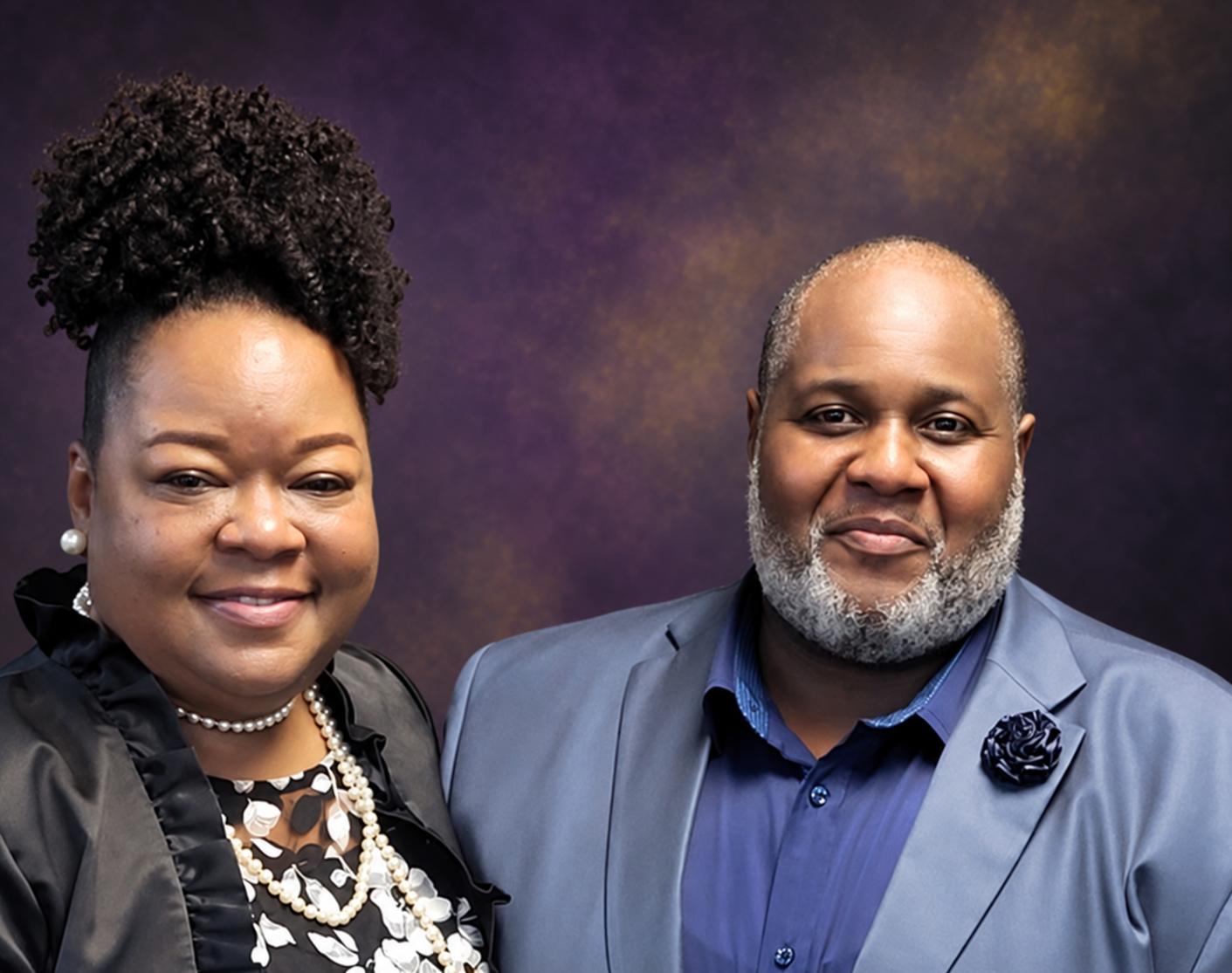 Tomisha Woods and Kelvin Woods, pictured together against a purple and gold background